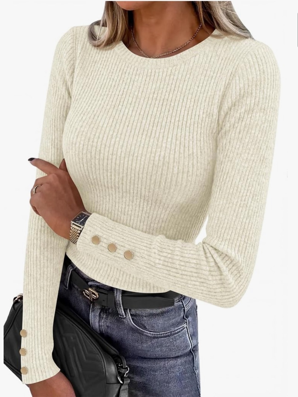 Ribbed Long Sleeve Crewneck Sweater in Cream NWT